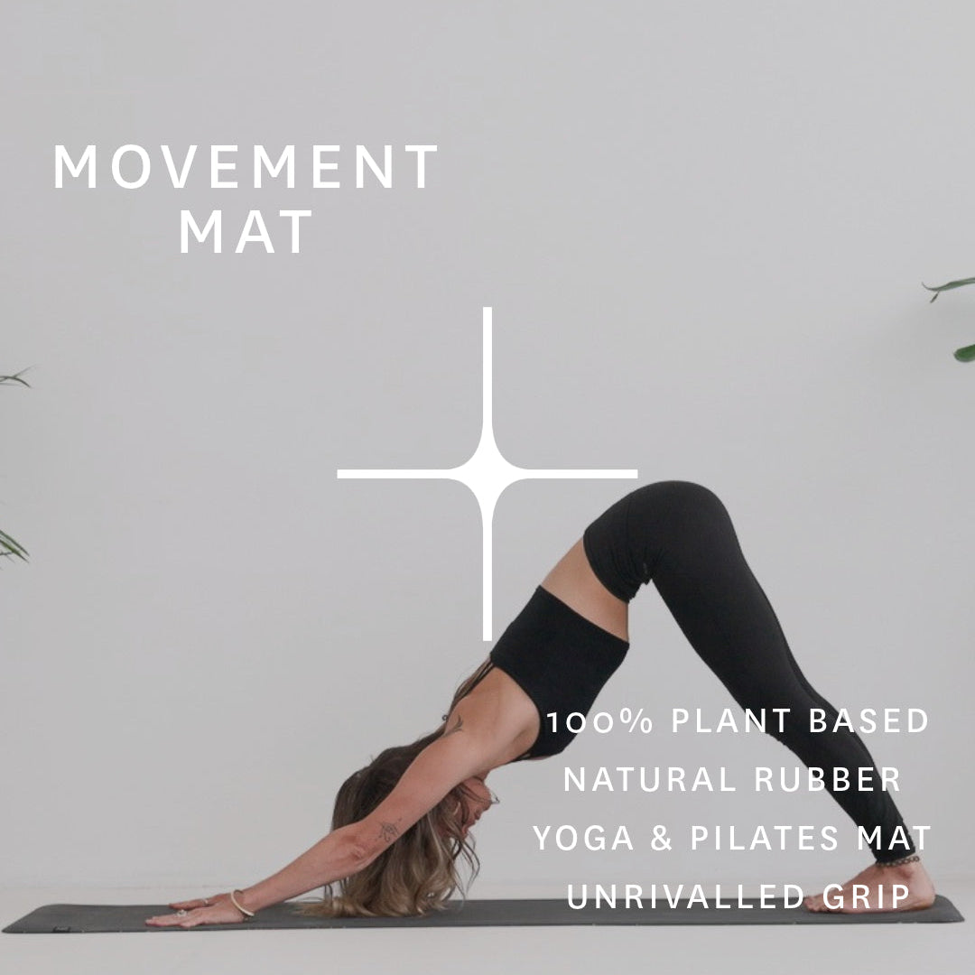 Premium Yoga Mat: A woman in a yoga pose on a dark gray yoga mat against a light gray background, with white text overlays reading 'MOVEMENT MAT' and product feature copy.