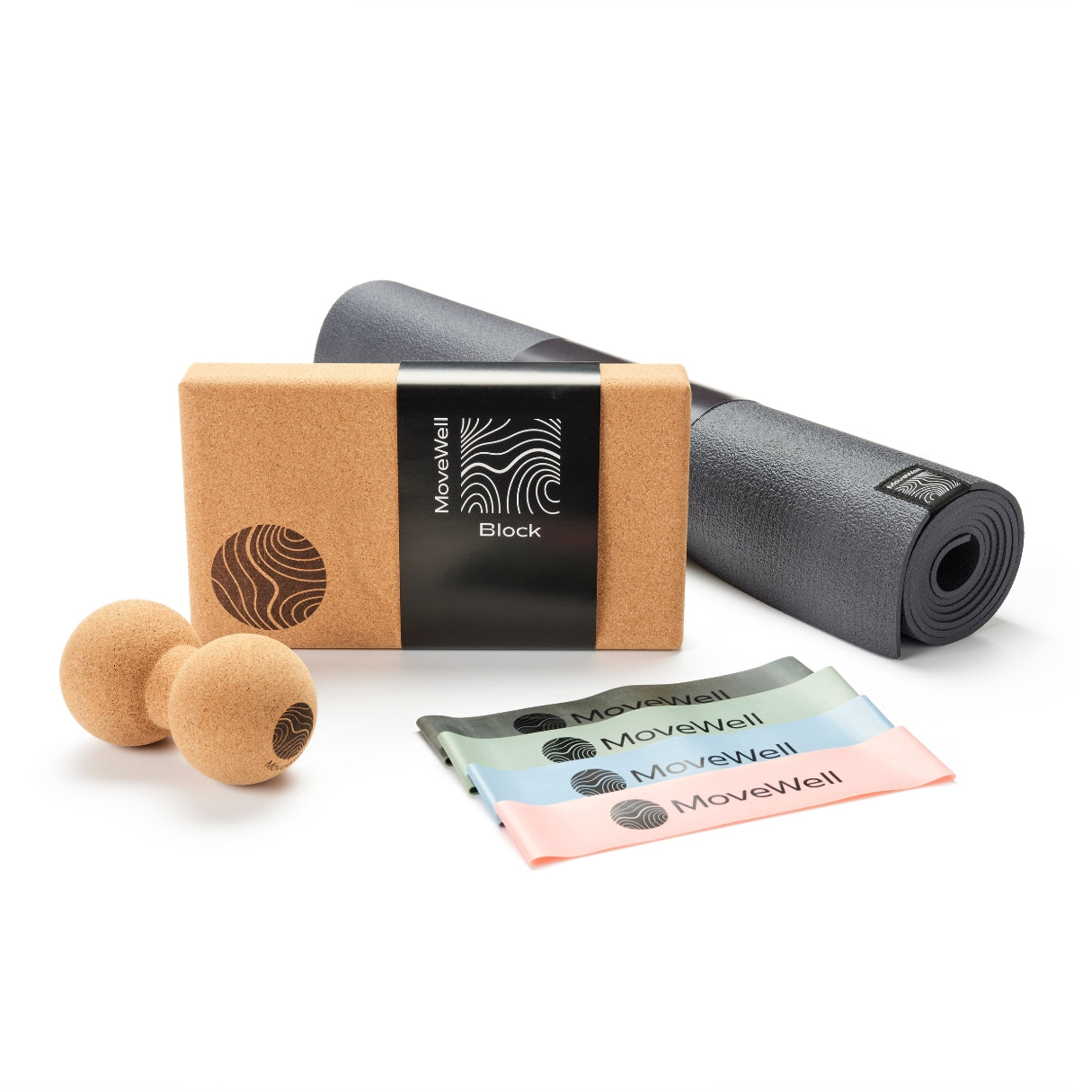 Pilates Essentials Bundle - Pro Mat, Block, Peanutt, Mini-Looped Resistance Band Pack