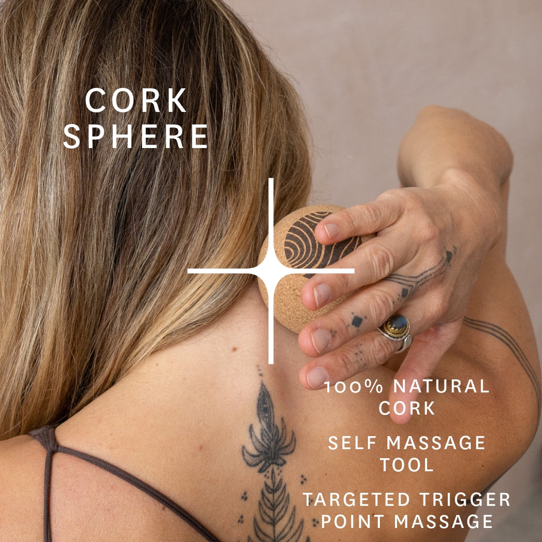 A woman shown from the back massaging her neck and upper back with a cork sphere self-massage tool. White text overlays read 'CORK SPHERE', '100% NATURAL CORK', 'SELF MASSAGE TOOL', and 'TARGETED TRIGGER POINT MASSAGE'.